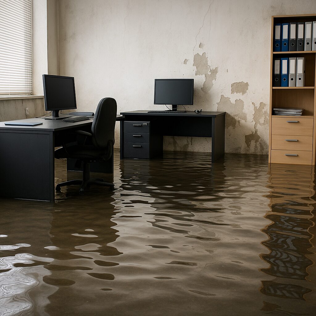 Überschwemmter Büroarbeitsplatz mit Wasserschäden Büro überschwemmt