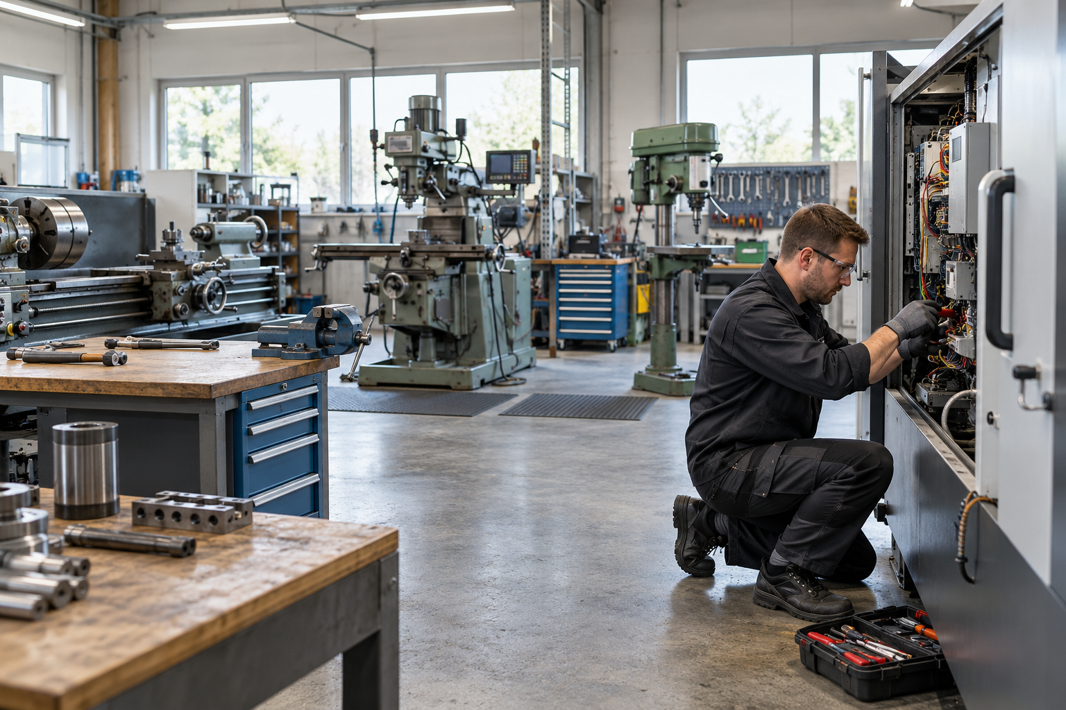 Handwerker bei der Maschinenwartung Handwerker repariert Maschine